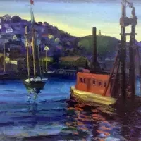 A colorful painting from the Exhibitions & Series collection, featuring boats on a blue harbor with houses on a hillside at sunset.