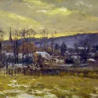 Impressionist painting of a village at sunset, with bare trees and houses against a hilly landscape, featured in notable exhibitions & series.