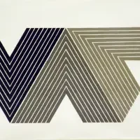 Geometric abstract art from recent exhibitions, featuring zigzag, parallel lines forming angular "M" shapes in black and gray on a white background—part of an ongoing series.