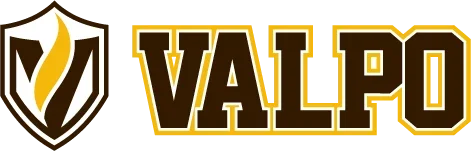 Valpo logo with brown and gold shield and flame next to bold "VALPO" text in brown outline, reflecting elements from Brand Style Guides.