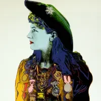 Pop-art style portrait of a woman in a hat and medals, shown in profile with vibrant, contrasting colors—perfect for exhibitions & series celebrating bold artistic expression.