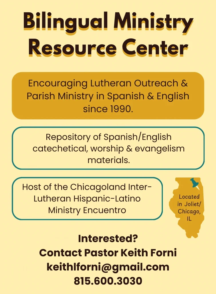 Flyer for Bilingual Ministry Resource Center featuring contact info, summary of services in English and Spanish, and opportunities for exhibitors to connect with our vibrant community.