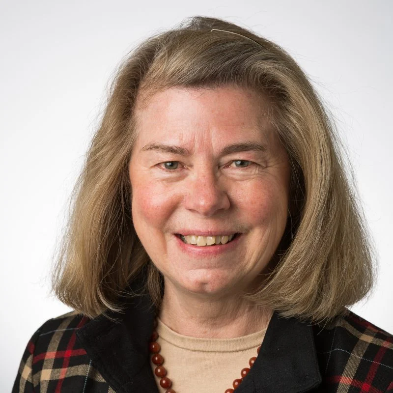 Smiling middle-aged woman with straight, shoulder-length hair, wearing a plaid jacket and beaded necklace—Sarah DeMaris.