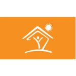 White abstract house and person with a sun on an orange background, representing the warm community spirit fostered by TEPC Partners.