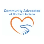 Logo with orange heart outline, blue hands shaking, and text: Community Advocates of Northern Indiana. Proudly supported by TEPC Partners.