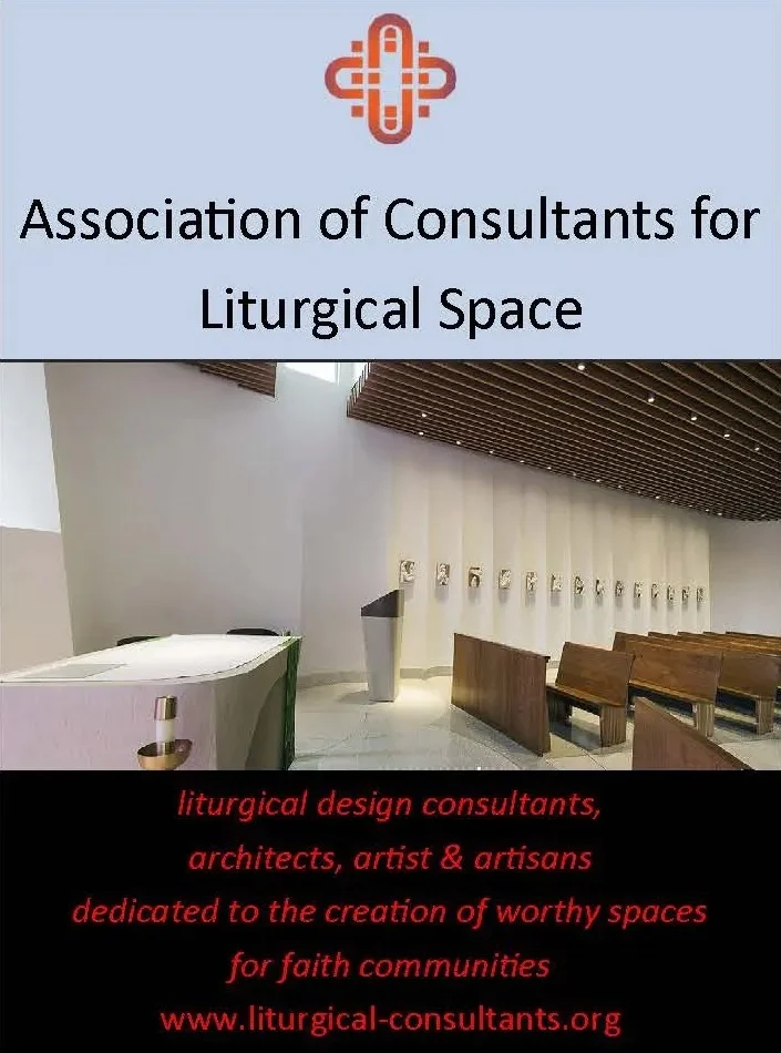 Poster for the Association of Consultants for Liturgical Space, featuring modern church interior design and a website link. Discover resources and connect with exhibitors dedicated to innovative liturgical environments.