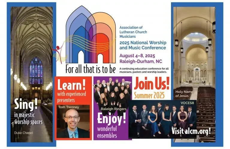 Colorful promo for 2025 National Worship & Music Conference, featuring photos of venues, presenters, musical groups, and exhibitors.