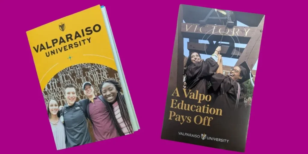 Two Valparaiso University brochures, one showing smiling students, the other featuring graduates celebrating.
