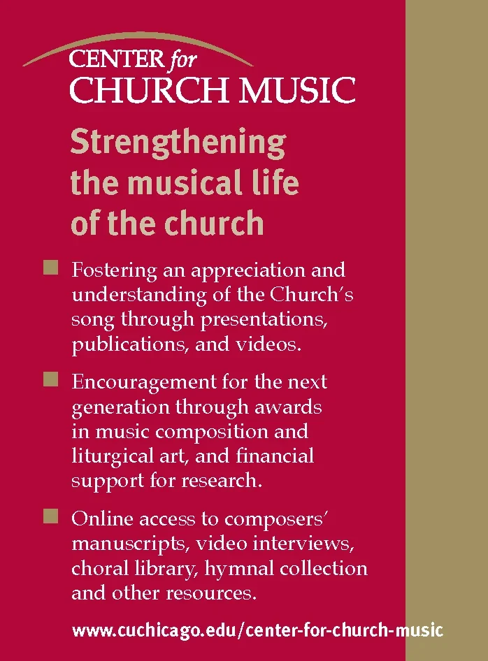 Center for Church Music flyer detailing its mission, resources, and support—plus online access for church music enthusiasts and exhibitors alike.