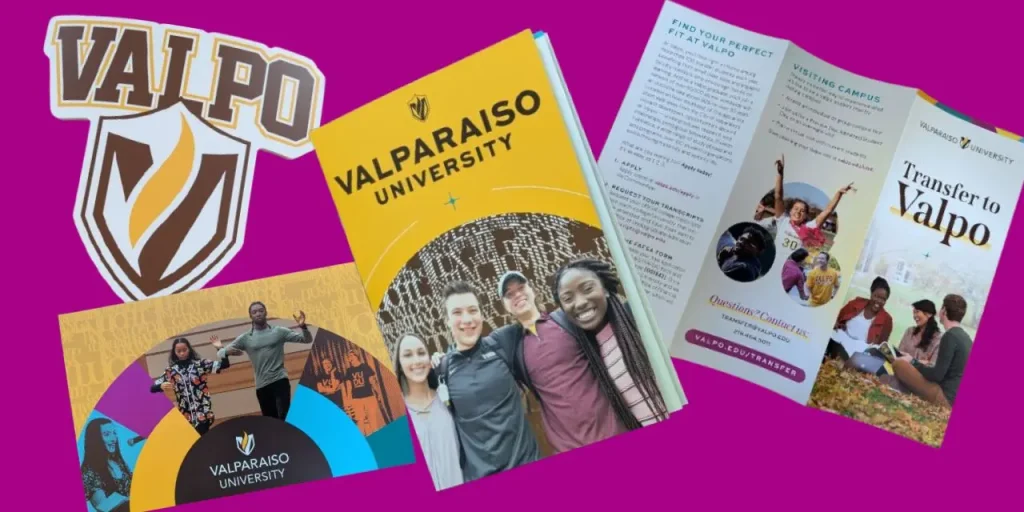 Valparaiso University brochures and logo on a magenta background, featuring smiling students.
