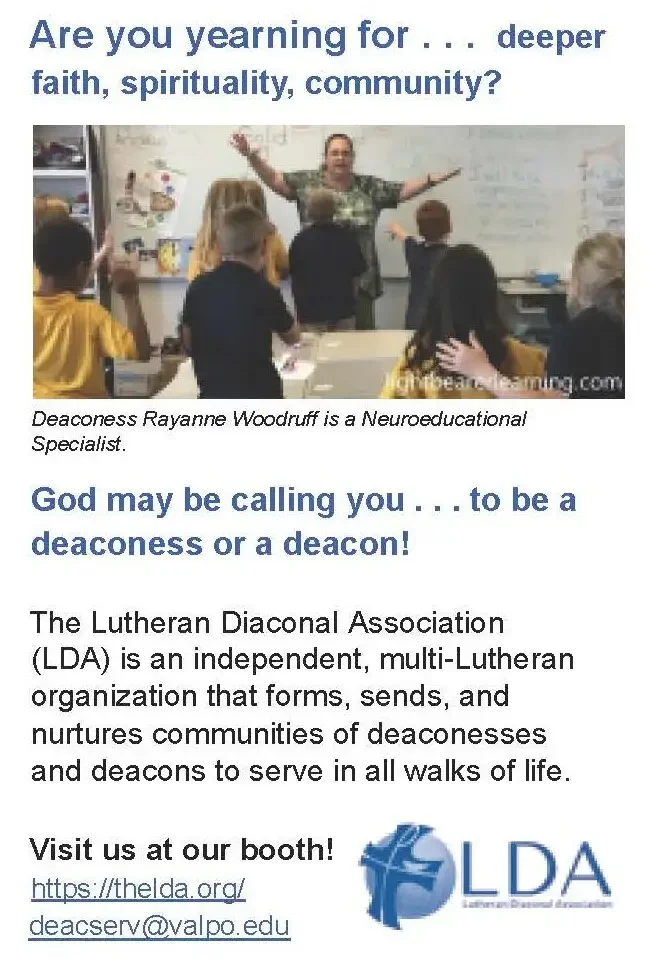 A woman speaks to students in a classroom while exhibitors share insights; text invites joining the Lutheran Diaconal Association.