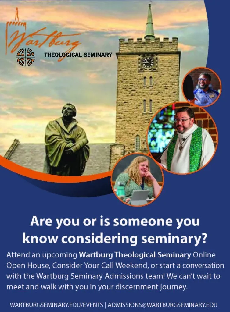 Wartburg Theological Seminary promo featuring building, statue, staff, and exhibitors in circular photo insets on a blue background.