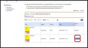 Library webpage showing a book list with titles, authors, formats, and How To Instructions, plus an option to 'Read Now' highlighted in red.