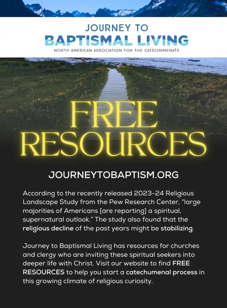 A spiritual flyer reads “Free Resources” with a lake and mountain path in the background, inviting attendees and exhibitors to explore offerings.