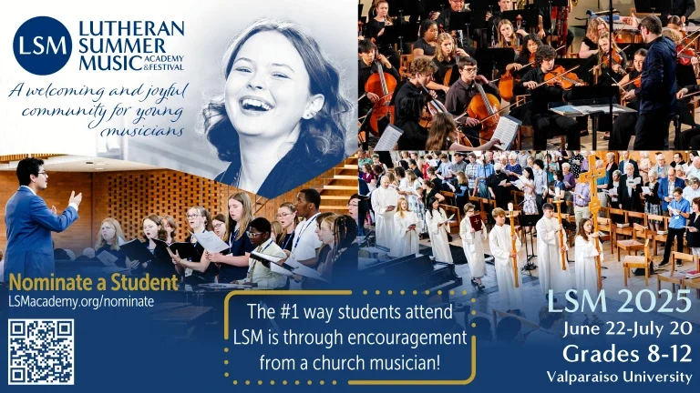 Students perform music; smiling girl; text promotes Lutheran Summer Music Academy for grades 8-12, June 22–July 20, 2025. Connect with fellow musicians and discover exciting exhibitors at this inspiring summer event.