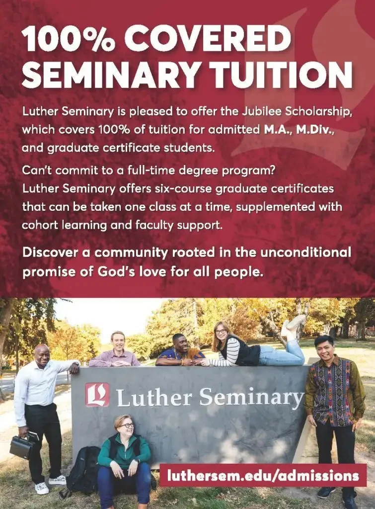 Five smiling students sit outdoors holding a Luther Seminary banner at an event featuring exhibitors; text promotes 100% covered seminary tuition.