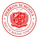 Red and white Hebron Schools seal with crest, "MSD of Boone Township, Indiana" text, and TEPC Partners association.