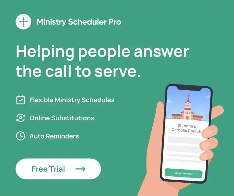 Hand holding phone with church image; text highlights scheduling, reminders, free trial for Ministry Scheduler Pro—perfect for exhibitors seeking efficient ministry management.