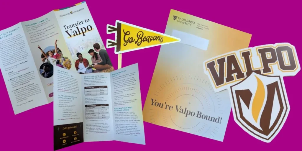 Valparaiso University brochures, a "Go Beacons" pennant, and a "You're Valpo Bound!" folder on a purple background.