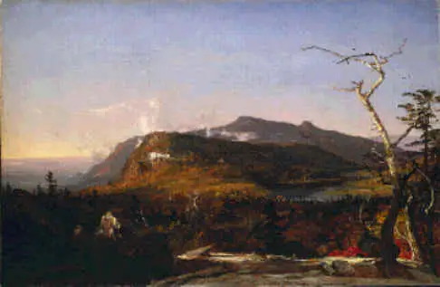A mountain landscape at sunset with trees, rocky cliffs, and a distant lake under a clear sky, capturing the timeless beauty reminiscent of an American Cultural Icon.