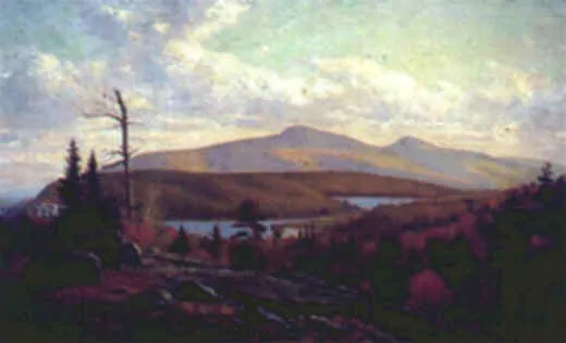 A landscape painting of rolling hills, a lake, and scattered trees under a partly cloudy sky—an image reminiscent of an American cultural icon.