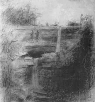 A sketchy black-and-white drawing of a waterfall cascading over a rocky cliff with trees above, evoking the spirit of an American story and capturing the essence of a timeless cultural icon.