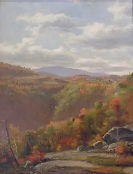 Painting of a scenic autumn landscape with rolling hills, colorful trees, and a cloudy sky, reminiscent of an American cultural icon celebrating the beauty of the nation's natural vistas.