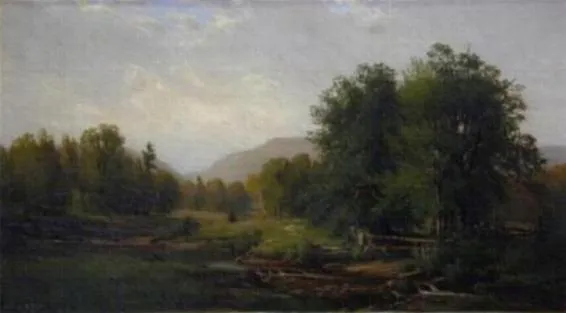 A serene landscape with trees, a distant mountain, and a cloudy sky under soft natural light evokes the quiet beauty often found in an American story.