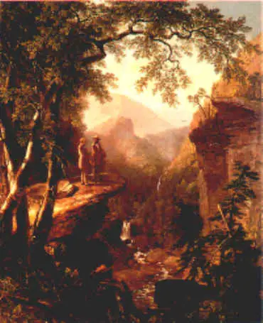 Two people stand on a rocky cliff overlooking a forested valley and distant mountains, capturing the spirit of adventure woven into the American story.
