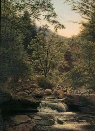 A peaceful forest stream flows over rocks, surrounded by lush green trees under a soft sky—echoing the timeless tranquility often captured by American cultural icon landscape art.