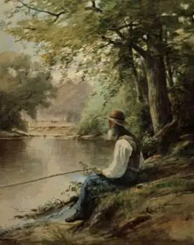 A person with a hat, reminiscent of an American cultural icon, sits by a riverbank fishing, surrounded by trees and greenery.