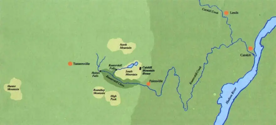 Simple illustrated map showing towns, mountains, and rivers in the Catskill Mountains region of New York—an area celebrated as an American cultural icon.