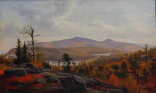 A painting of a landscape with a river and mountains, capturing the spirit of an American story woven into nature’s grandeur.
