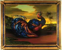 Painting of a colorful peacock resting on the ground, with a sunset sky and palm trees in the background, reflecting themes of American art and national identity through its vibrant palette and serene landscape.