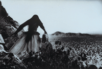 A person in a flowing dress stands on a rocky hill, overlooking a vast, barren desert landscape, evoking themes of American Art and National Identity.