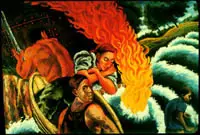 Dramatic painting of people in a boat amid waves, with fire and a horse in the background, powerfully exploring themes of American art and national identity.