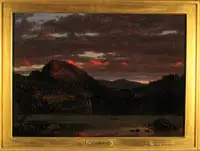 A painting of a dark landscape with a mountain at sunset, framed in gold, reflects themes of American Art and National Identity.