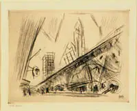 Abstract sketch of a cityscape with tall buildings, a bridge, and small figures on the street below, reflecting themes of American Art and National Identity through urban life and modern architecture.