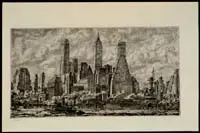 Black and white sketch of a city skyline with tall skyscrapers under a cloudy sky, capturing themes of American Art and National Identity through urban architecture.