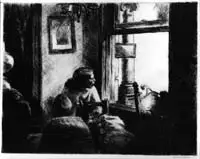A person sits in a dimly lit room, gazing thoughtfully out of a window with light streaming in, reflecting on themes of American Art and National Identity.