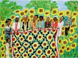 A group of people holding a colorful quilt with flower patterns, standing in a field of sunflowers—a vibrant scene reflecting American Art and National Identity.