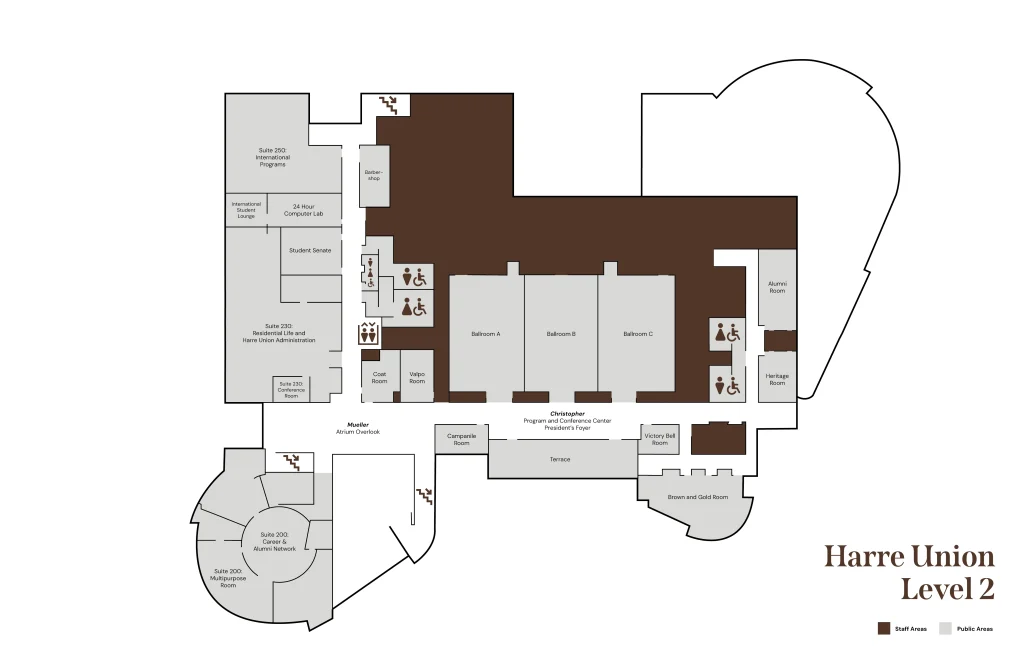 Floor plan of Harre Union Level 2, showing meeting rooms, restrooms, and staff areas in brown throughout the Harre Union.