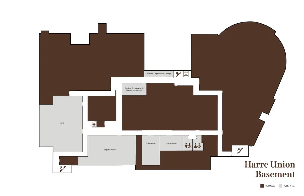 Map of Harre Union basement highlighting staff areas, student offices, restrooms, and public spaces within Harre Union.