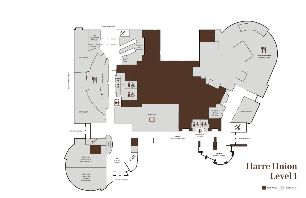 Detailed floor map of Harre Union Level 1, highlighting entrances, restrooms, dining area, and public/common areas within Harre Union for easy navigation.