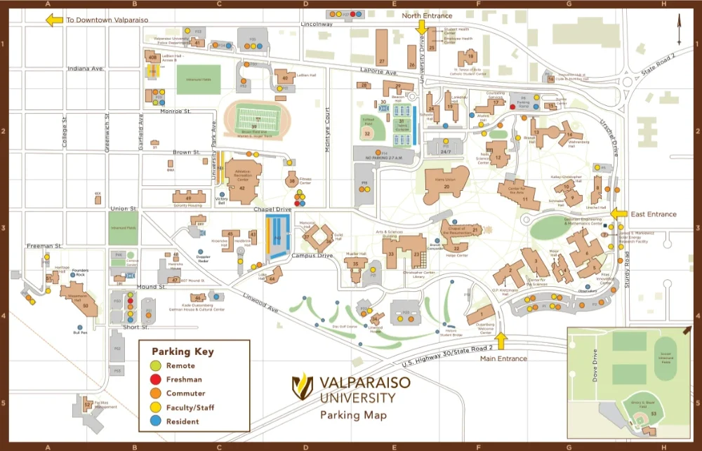 Map of Valparaiso University campus showing buildings, roads, and color-coded parking areas for different users, making it easy to find designated parking.