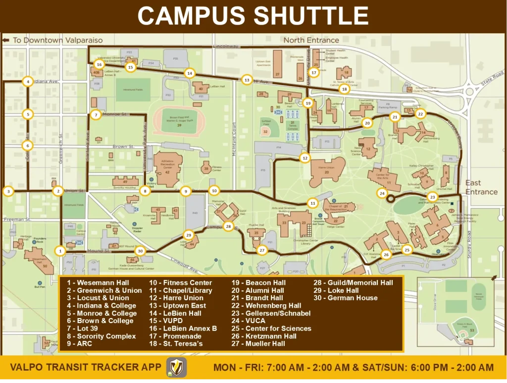 Campus shuttle map showing stops, building names, parking areas, and shuttle routes at Valparaiso University.