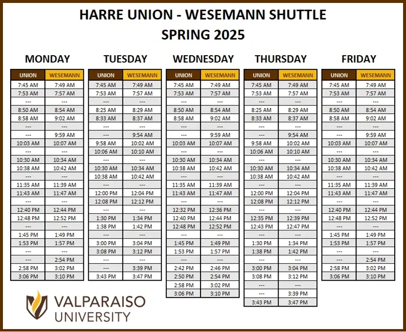 Valparaiso University spring 2025 Harre Union–Wesemann shuttle schedule, parking information included; Monday to Friday times listed.