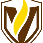 A brown shield with a yellow flame in the center and a stylized "V" in the background.