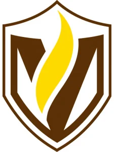 A brown shield with a yellow flame in the center and a stylized "V" in the background.