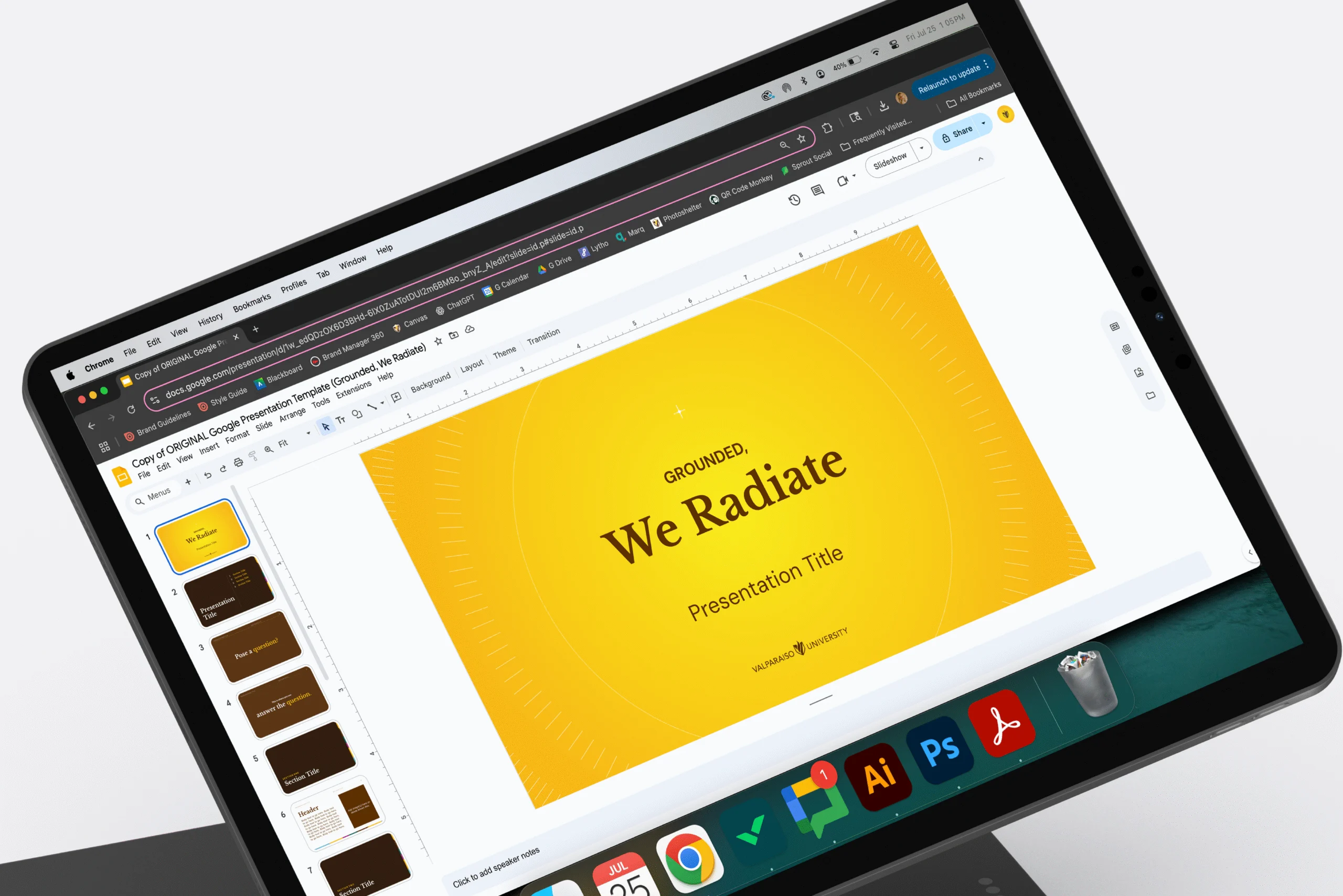 A tablet displays a yellow Google Slides presentation titled "We Radiate," featuring creative apps in the dock and showcasing customizable templates for dynamic presentations.